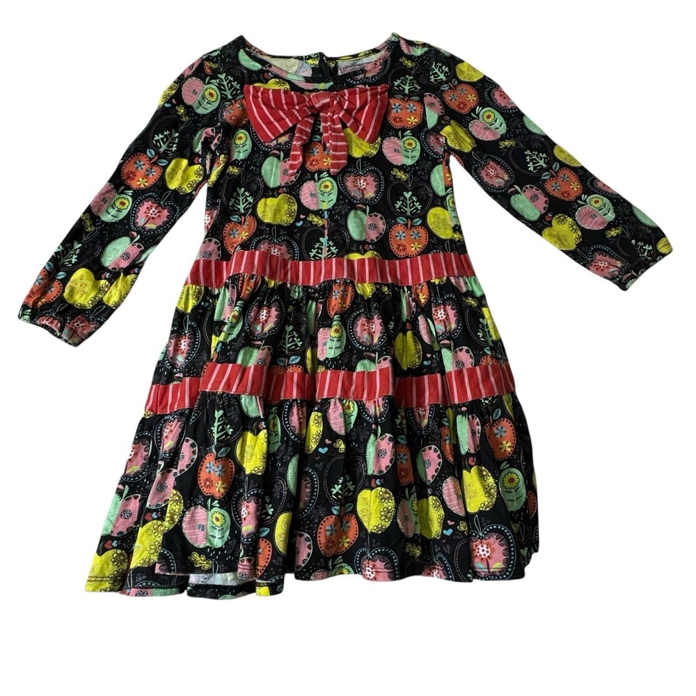 Jelly The Pug Dress‎ Girls 10 Apple Print With Bow Ruffle Long Sleeves